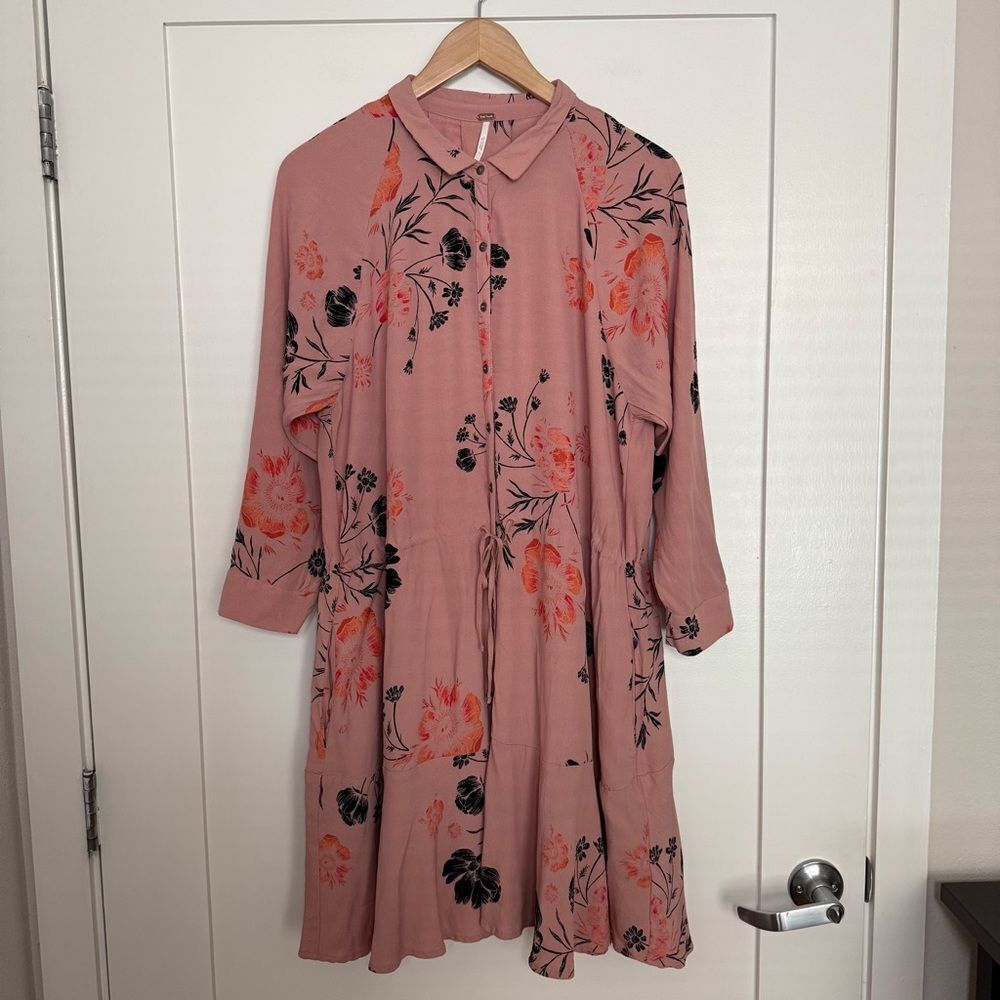 Free People Mini Dress Sz M Pink Floral Button Up Long Sleeve Boho Fest Feminine